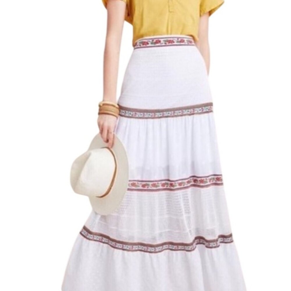 Cecilia Prado White Maxi Skirt  Embroidery  Swiss Dot  Anthropologie Petite L PL
